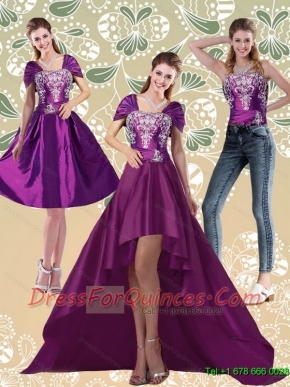 Detachable High Low Embroidery Dark Purple Prom Dresses for 2015