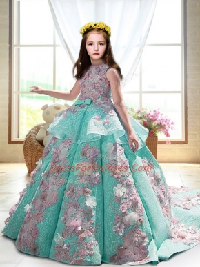 Unique Turquoise Backless High-neck Appliques Child Pageant Dress Satin Sleeveless Court Train