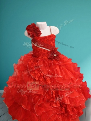 Ball Gowns Little Girl Pageant Gowns Red Asymmetric Organza Sleeveless Floor Length Lace Up