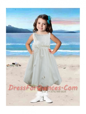 Appliques and Hand Made Flowers A-line Flower Girl Dress with Tea-length