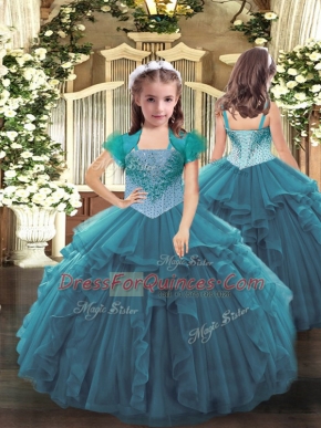 Teal Ball Gowns Organza Straps Sleeveless Beading and Ruffles Floor Length Lace Up Kids Formal Wear