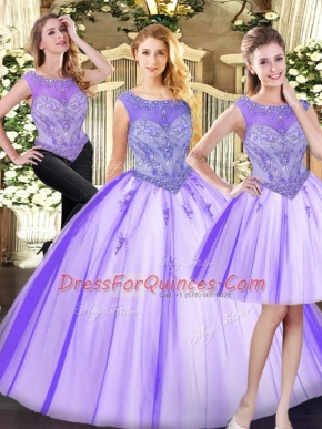 Fashionable Sleeveless Floor Length Beading Zipper Quince Ball Gowns with Lavender