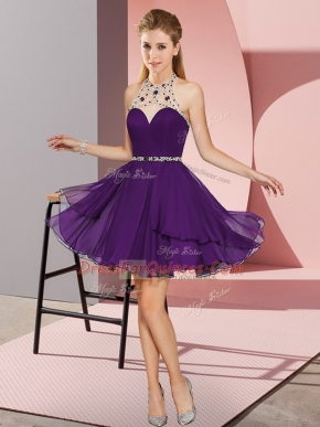 Purple Chiffon Zipper Halter Top Sleeveless Mini Length Prom Dress Beading