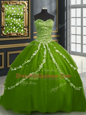 Olive Green Ball Gowns Beading and Appliques Ball Gown Prom Dress Lace Up Tulle Sleeveless With Train
