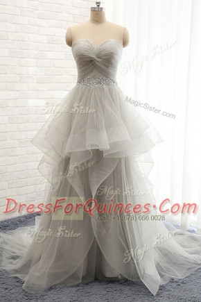 Grey Tulle Lace Up Sweetheart Sleeveless Evening Dress Court Train Beading