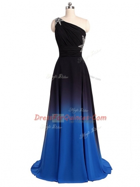 Beading and Ruching Prom Dresses Multi-color Lace Up Sleeveless Brush Train