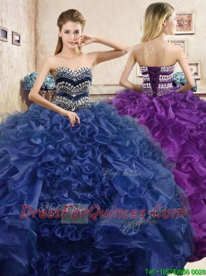 Affordable Beaded and Ruffled Organza Quinceanera Dress in Navy Blue