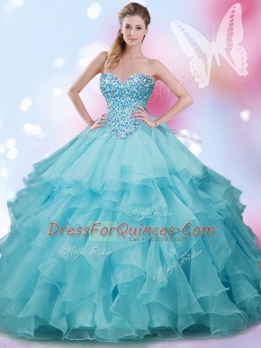 Sexy Floor Length Aqua Blue Quinceanera Gown Sweetheart Sleeveless Lace Up