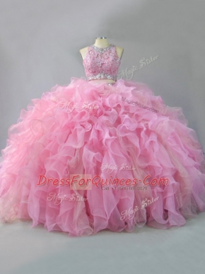 Attractive Pink Two Pieces Beading and Ruffles Sweet 16 Dresses Lace Up Organza Sleeveless Floor Length