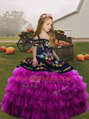 Gorgeous Fuchsia Straps Neckline Embroidery and Ruffled Layers Kids Pageant Dress Sleeveless Lace Up