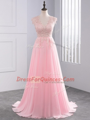 Fashion Baby Pink Chiffon Side Zipper V-neck Sleeveless Prom Dress Brush Train Appliques