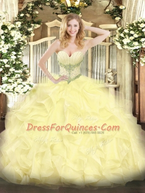 High Quality Yellow Lace Up Quince Ball Gowns Beading and Ruffles Sleeveless Floor Length