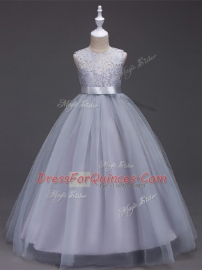 Lovely Grey Sleeveless Lace Floor Length Flower Girl Dresses