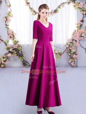 Ankle Length Fuchsia Quinceanera Dama Dress V-neck Half Sleeves Zipper