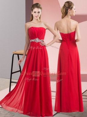 Red Sleeveless Floor Length Beading Lace Up Evening Dress