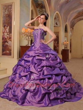 Perfect  Purple Ball Gown Strapless Court Train Pick-ups Taffeta Quinceanera Dress
