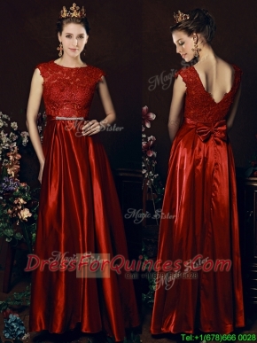 Cheap Scoop Laced and Bowknot Prom Dresses in Wine Red