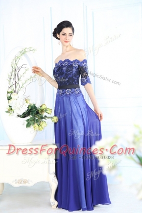 Scalloped Half Sleeves Zipper Floor Length Beading and Appliques Prom Gown