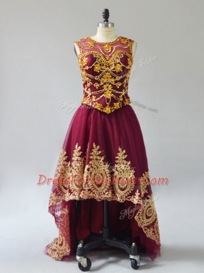 Sumptuous Burgundy Lace Up Scoop Beading and Appliques Dress for Prom Tulle Sleeveless