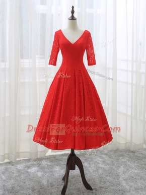 Red A-line V-neck Half Sleeves Lace Tea Length Lace Up Lace and Appliques Prom Evening Gown
