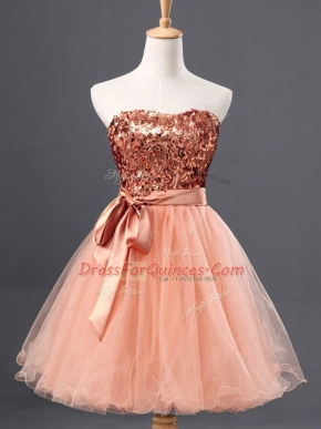 Discount Mini Length Peach Tulle Sleeveless Sequins
