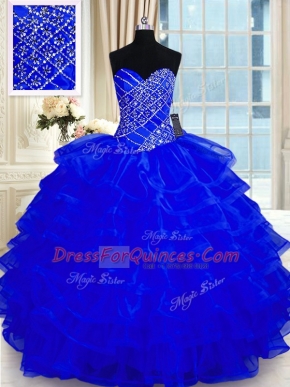 Superior Ruffled Sweetheart Sleeveless Lace Up Sweet 16 Quinceanera Dress Royal Blue Organza