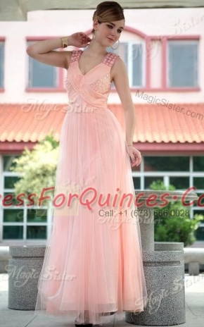 V-neck Sleeveless Dress for Prom Floor Length Beading Baby Pink Chiffon