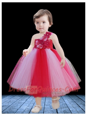 Princess One Shoulder Tea-length Little Girl Dress with Appliques