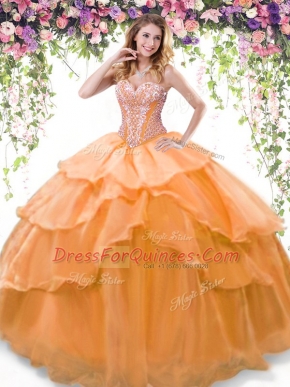 Orange Ball Gowns Sweetheart Sleeveless Organza Floor Length Lace Up Beading and Ruffled Layers Sweet 16 Dresses