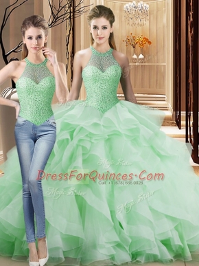 Beading and Ruffles Ball Gown Prom Dress Apple Green Lace Up Sleeveless Brush Train