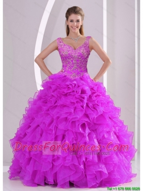 Detachable Fuchsia Quince Dresses with Beading and Ruffles