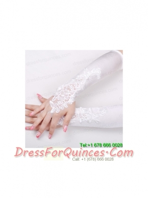 Satin Fingerless Elbow Length Bridal Gloves With Beading And Appliques