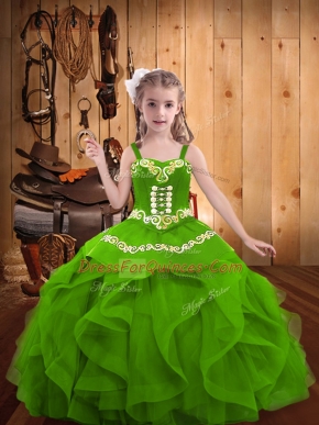 Green Ball Gowns Organza Straps Sleeveless Beading and Embroidery and Ruffles Floor Length Lace Up Little Girls Pageant Gowns