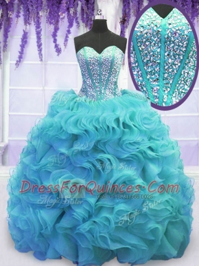 Super Sweetheart Sleeveless Vestidos de Quinceanera Sweep Train Beading and Ruffles Aqua Blue Organza