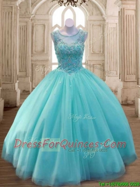 See Through Scoop Aqua Blue Quinceanera Dress with Beading for Spring