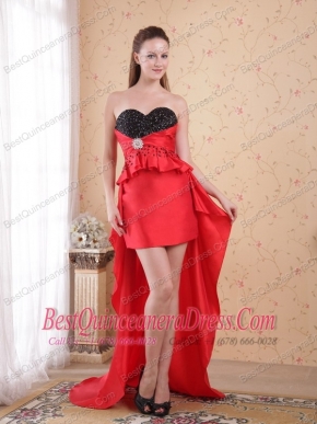 Red Column / Sheath Sweetheart High-low Beading Taffeta Prom Dress