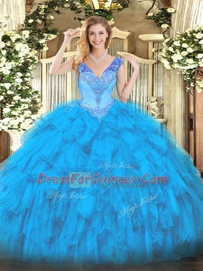 Sweet Baby Blue Sleeveless Floor Length Beading and Ruffles Lace Up Quince Ball Gowns