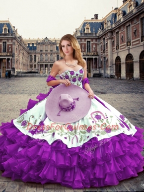 Sophisticated Sleeveless Floor Length Embroidery and Ruffled Layers Lace Up Quinceanera Dress with Eggplant Purple