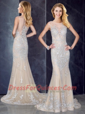 Bateau Applique Champagne Prom Dress with Brush Train