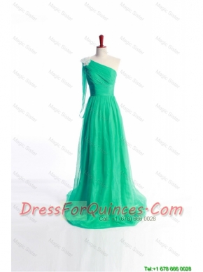 Pretty Affordable Appliques Green Long Prom Dress with Sweep Train for 2016