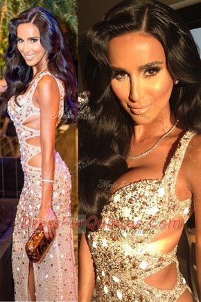 Scoop Sequined Sleeveless Floor Length Prom Dress and Beading and Sequins