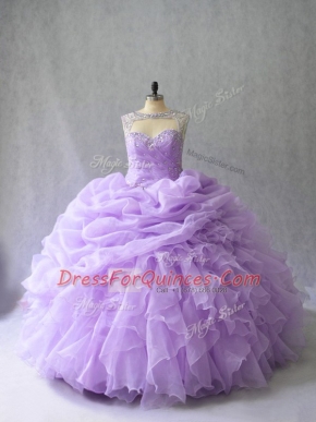 Lovely Lavender Ball Gowns Organza Scoop Sleeveless Beading and Ruffles Lace Up Vestidos de Quinceanera Brush Train