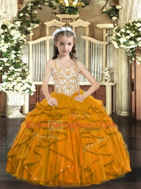 Orange Sleeveless Beading and Ruffles Floor Length Little Girls Pageant Gowns