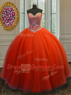 Red Sweetheart Lace Up Beading Quince Ball Gowns Sleeveless