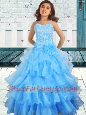 Elegant A-ine Straps Aqua Blue Little Gril Pageant Dress with Beaded Decorate Bodice