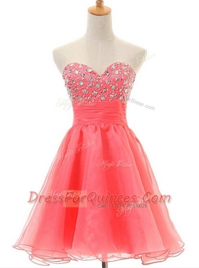 Lovely Sleeveless Organza Zipper Homecoming Dress in Watermelon Red with Beading