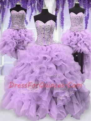 Simple Four Piece Lavender Organza Lace Up Sweetheart Sleeveless Floor Length Sweet 16 Dresses Ruffles and Sequins