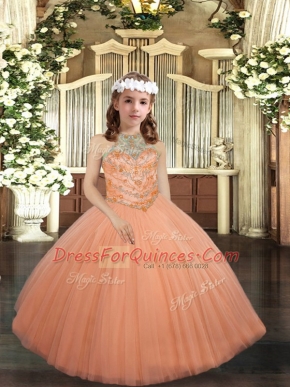 Glorious Halter Top Sleeveless Lace Up Kids Pageant Dress Peach Tulle