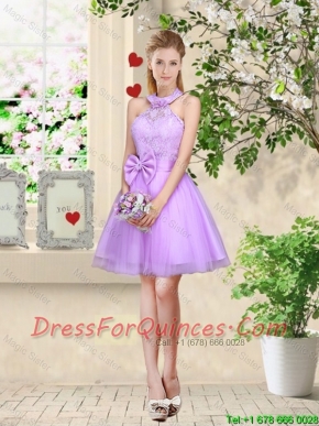 Feminine Halter Top Laced and Bowknot Dama Dresses in Lavender