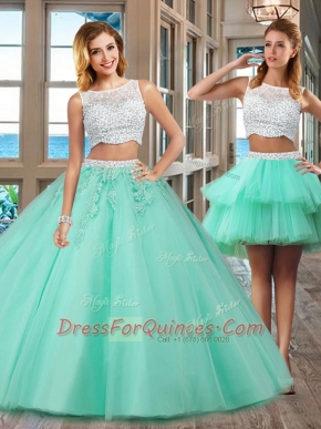 Cute Floor Length Two Pieces Sleeveless Apple Green Quinceanera Dress Side Zipper